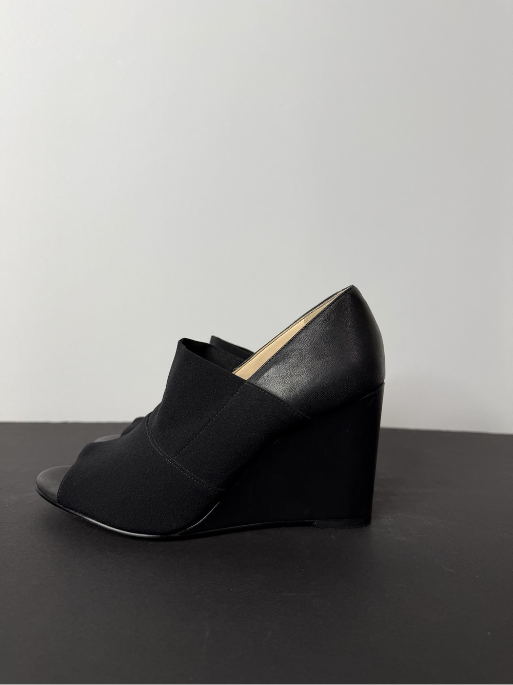 Karl Lagerfeld Black Peep-Toe Leather Wedge Bootie